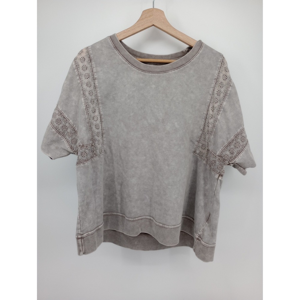 Jane and Delancey Top Women XL Gray Acid Wash Eyelet Lace Trim